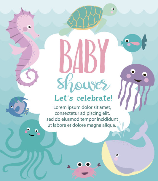 带卡通海底世界的婴儿沐浴卡图片下载