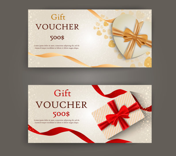 矢量豪华礼券与丝带和礼盒。为节日礼品卡，优惠券和证书优雅的模板。折扣券模板矢量插图EPS10图片下载