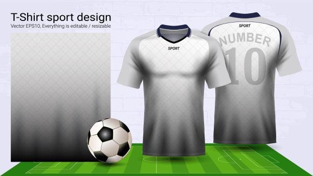 足球运动衫和t恤运动模型模板，图形设计的足球俱乐部或运动服制服，准备定制标志和名称，轻松改变颜色和字母风格在您的球队。图片下载
