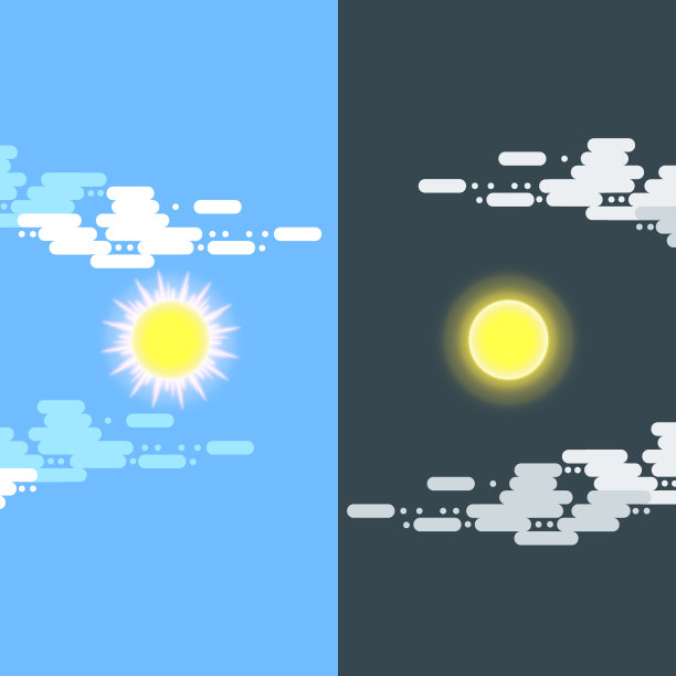 昼和夜矢量平面插图或横幅。太阳和月亮。白天和晚上，太阳和月亮与云。平面插图的天空和天气广播，云和生活，时期和周期的移动应用程序背景横幅图片下载