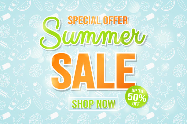 多色背景与手绘夏季元素夏季销售。向量。图片下载