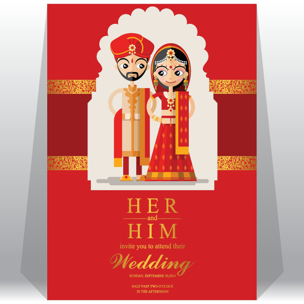 印度婚礼邀请卡模板与纸艺术和工艺风格在纸颜色的背景。图片下载