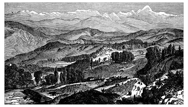 仿古雕刻插图:大吉岭的珠穆朗玛峰图片下载