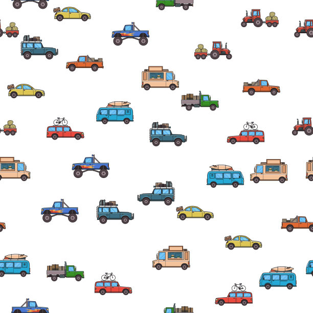 五颜六色的汽车和卡车无缝图案。车辆、侧视图。白色背景。矢量插图。平的风格。图片下载