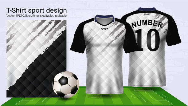 足球运动衫和t恤运动模型模板，图形设计的足球俱乐部或运动服制服，准备定制标志和名称，轻松改变颜色和字母风格在您的球队。图片下载