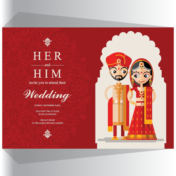 印度婚礼邀请卡模板与纸艺术和工艺风格在纸颜色的背景。图片下载