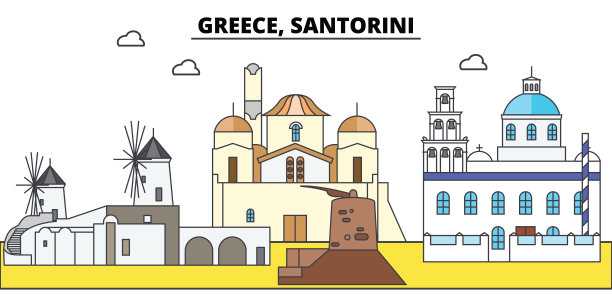 希腊,圣托里尼岛。城市天际线，建筑，建筑，街道，剪影，景观，全景，地标。可编辑的中风。平面设计线矢量插图概念。孤立的图标图片下载