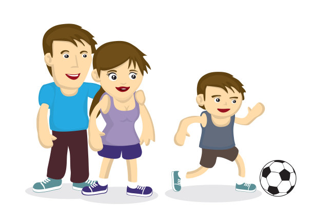 一对夫妇看到儿子在踢足球。图片下载