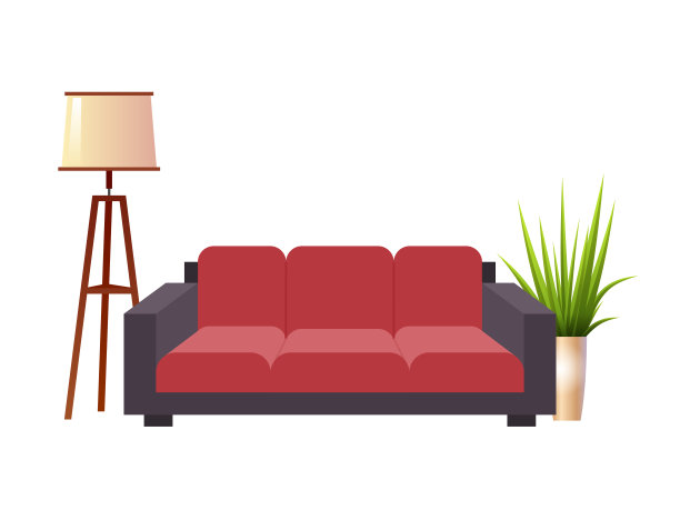 现实的红色沙发与落地灯和花盆室内矢量插图图片下载