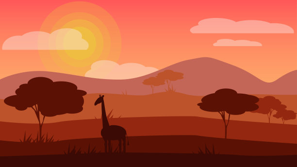 草原景观。非洲自然全景。长颈鹿在树附近素材图片