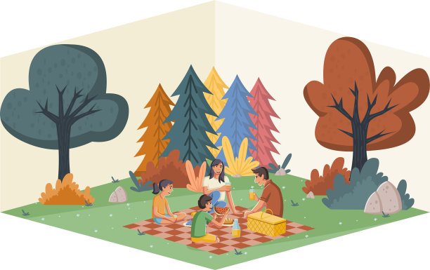 卡通家庭在一个阳光明媚的日子里在公园野餐。图片下载