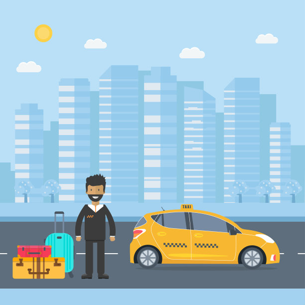 机器黄色出租车，司机和行李在城市图片下载