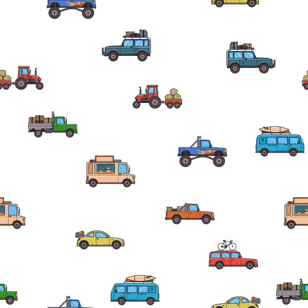 五颜六色的汽车和卡车无缝图案。车辆、侧视图。白色背景。矢量插图。平的风格。图片下载