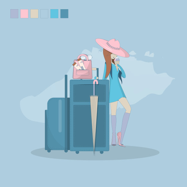 矢量插图的旅行美丽的女孩等待飞机。素材图片