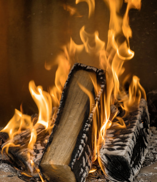 敞开的壁炉里，黄色的火焰在灌木圆木上跳动图片下载