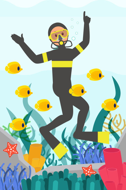 专业潜水员在水下游泳，周围是鱼。海洋生物。美丽的珊瑚暗礁。平面向量的设计素材图片