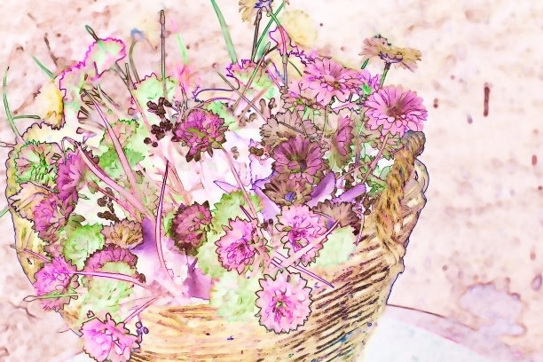 用水彩技术制作的柳条花篮中的菊花-插图图片下载