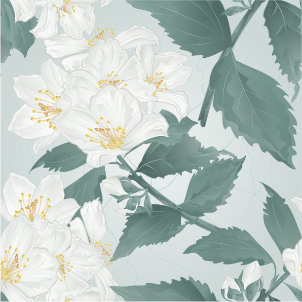 无缝纹理嫩枝、春花、茉莉花和芽裂复古矢量插图可编辑素材图片