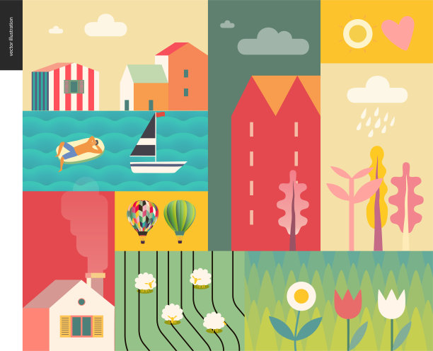 田园诗般的夏日风景拼贴画图片下载