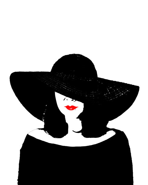 波普艺术风格的照片。年轻漂亮的女人，穿着复古的黑色连衣裙，戴着大帽子。图片下载