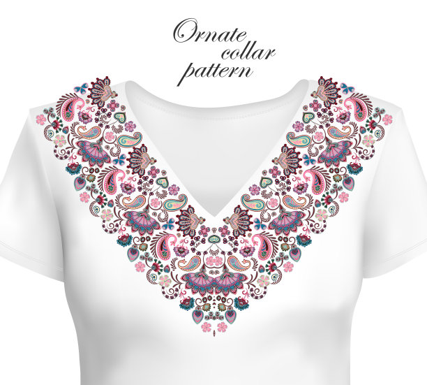 矢量设计领衬衫，衬衫，衬衫。鲜艳的民族花颈。佩斯利装饰边界。华丽的衣领模式。淡蓝色、粉红色、米色图片下载
