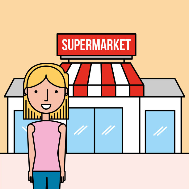 女人卡通站在超市前面图片下载