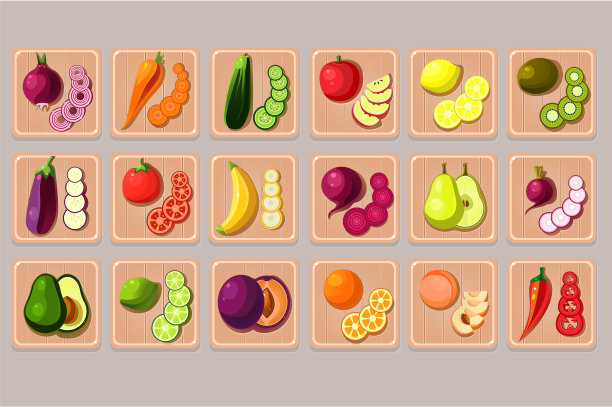 平向量水果和蔬菜在木制砧板上。天然美味的产品。烹饪原料。食物图标图片下载