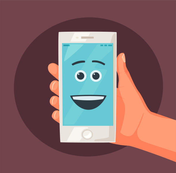手拿着智能手机。屏幕的脸。向量卡通插图。新的移动电话图片下载