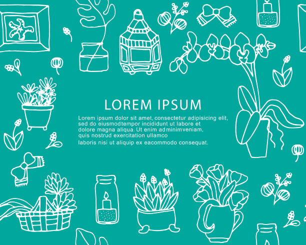 手绘花盆及装饰元素，宣传册设计图片下载