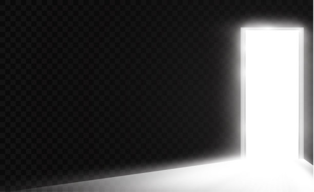 打开有光线穿过的黑暗房间的门。光线透过透明背景上的缝隙进入图片下载