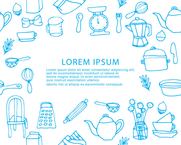 手绘厨房工具和生食元素，宣传册装饰图片下载