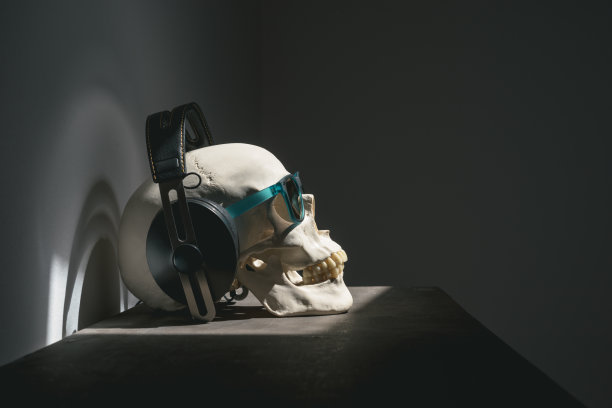 戴着耳机和太阳镜的人类头骨图片下载