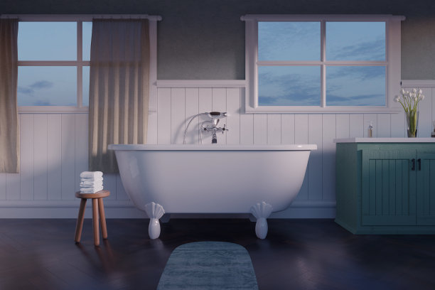 复古浴室的3d渲染与白色木板和镶木地板素材图片