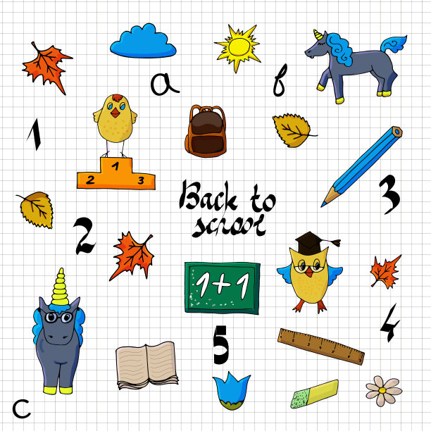 教育的概念。学校背景与手绘学校用品和喜剧演讲气泡与回到学校字母流行艺术风格在白色黑板上。图片下载