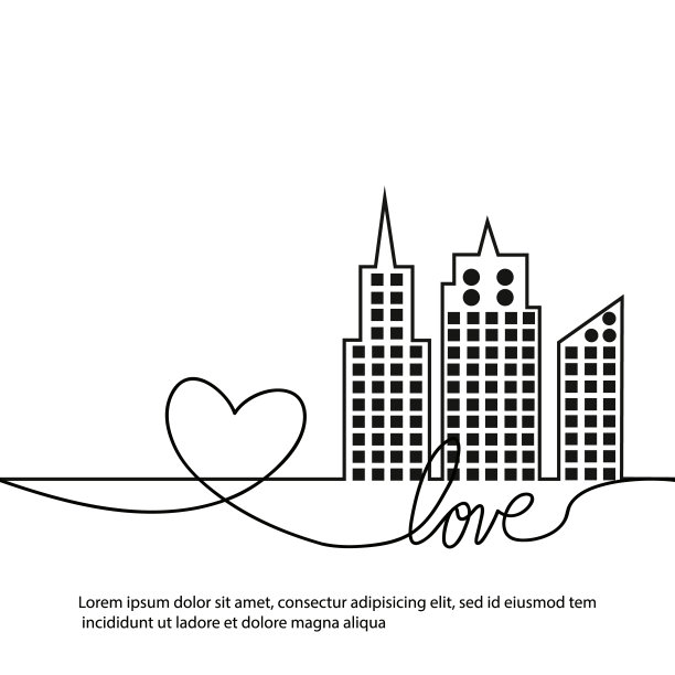 剪影的城市和心和爱在连续的画线在一个扁平的风格。现代城市景观。矢量插图。城市摩天大楼大楼办公地平线。连续画线图片下载