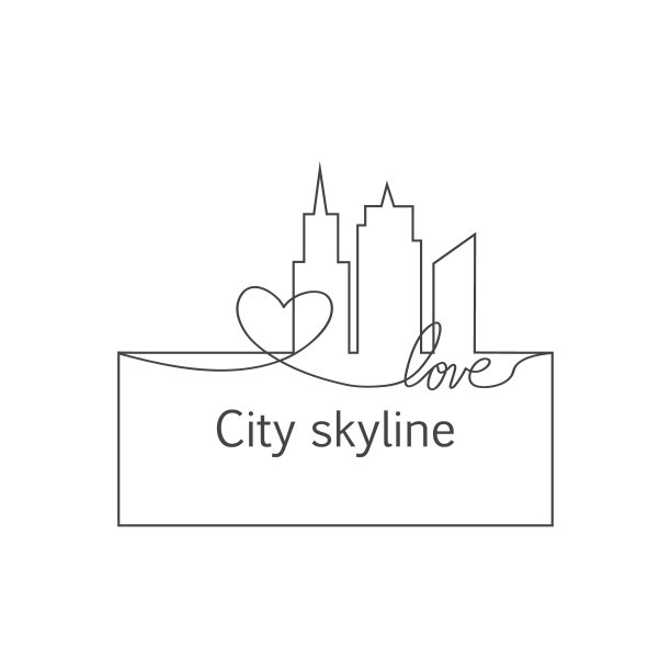 剪影的城市和心和爱在连续的画线在一个扁平的风格。现代城市景观。矢量插图。城市摩天大楼大楼办公地平线。连续画线图片下载