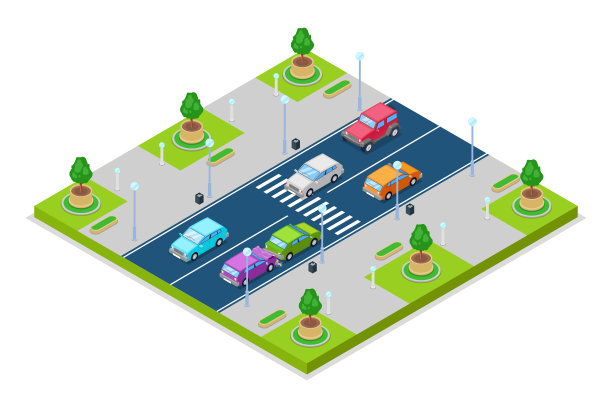 车祸和碰撞，矢量等距3D插图。在人行横道前与交通灯发生碰撞。图片下载