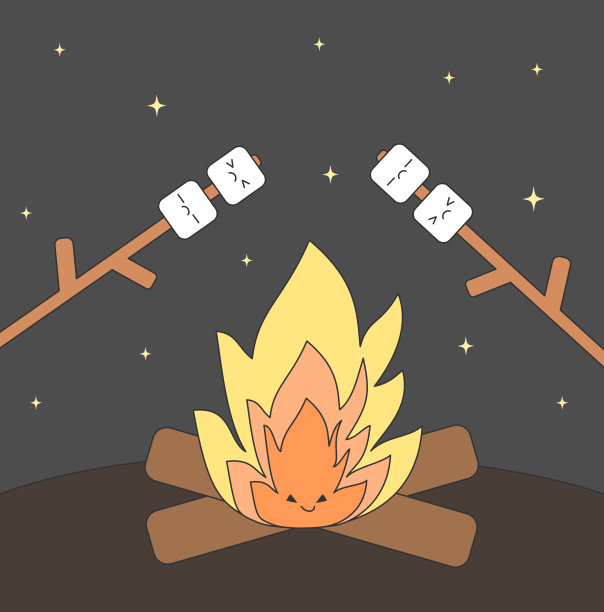 可爱的卡通矢量插图与篝火和棉花糖素材图片