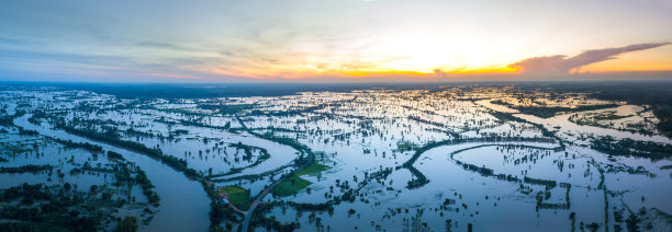 俯视图无人机在泰国稻田上空拍摄的照片。顶视图美丽的日落。东北大米。图片下载