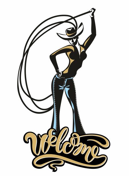 那个牛仔女孩。套索。受欢迎的。的邀请。的问候。风标。的迹象。西方。古董。复古。向量。图片下载