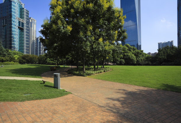 空旷的绿地和道路，背景是上海的现代城市建筑图片下载