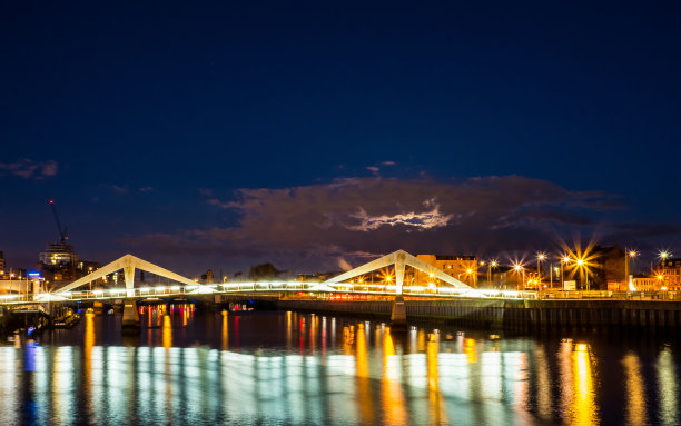 苏格兰格拉斯哥河上的桥在夜晚灯火通明图片下载