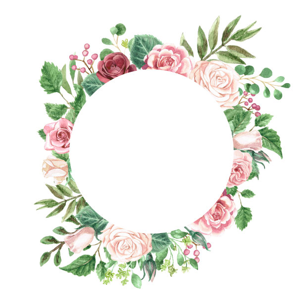 水彩绿叶和玫瑰花束框架图片下载