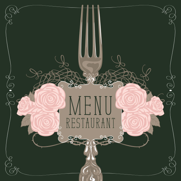 餐厅菜单上有叉子和粉红玫瑰图片下载