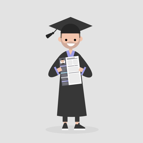 拿着简历的年轻毕业生。大学毕业后找工作。劳动力市场。平面可编辑矢量插图，剪辑艺术图片下载