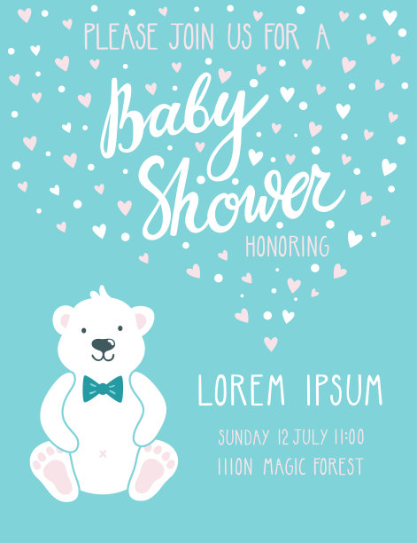 宝宝派对请帖。可爱幼稚的背景与北极熊和美丽的手写文字“宝宝送礼会”。小男孩小男人的请帖模板图片下载