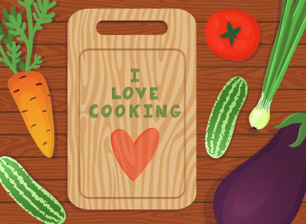 矢量背景用砧板和不同的蔬菜:胡萝卜，番茄，黄瓜，洋葱，茄子在木桌上。烹饪的背景。漂亮的海报上写着“我喜欢烹饪”。图片下载