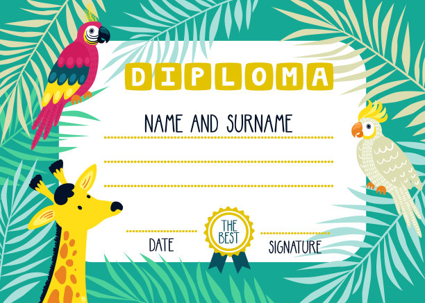 矢量文凭模板与可爱的鹦鹉，长颈鹿和棕榈叶。明亮的儿童背景与卡通人物。图片下载