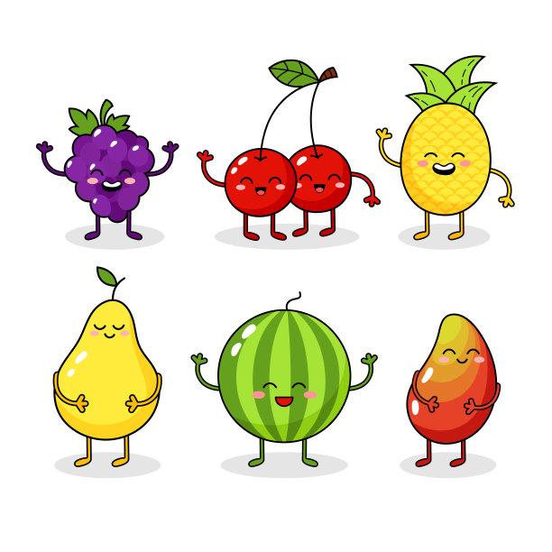 卡通有趣的水果人物。快乐食品贴纸，大收藏。葡萄,西瓜,菠萝图片下载