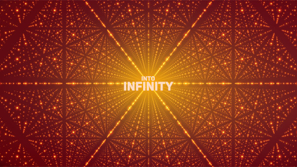 向量无限空间背景。发光的恒星矩阵与深度，透视错觉。几何背景与点阵列作为格子。橘色背景上的抽象未来宇宙。图片下载